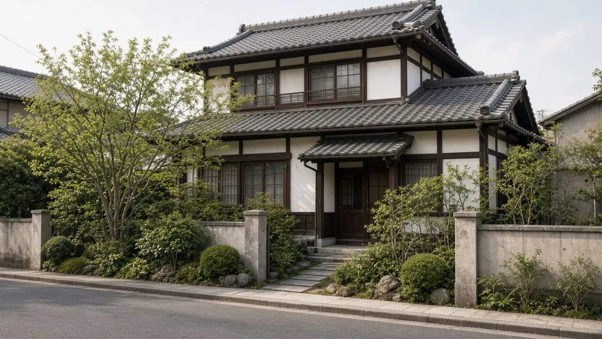 庭木に囲まれた瓦屋根の日本家屋の外観