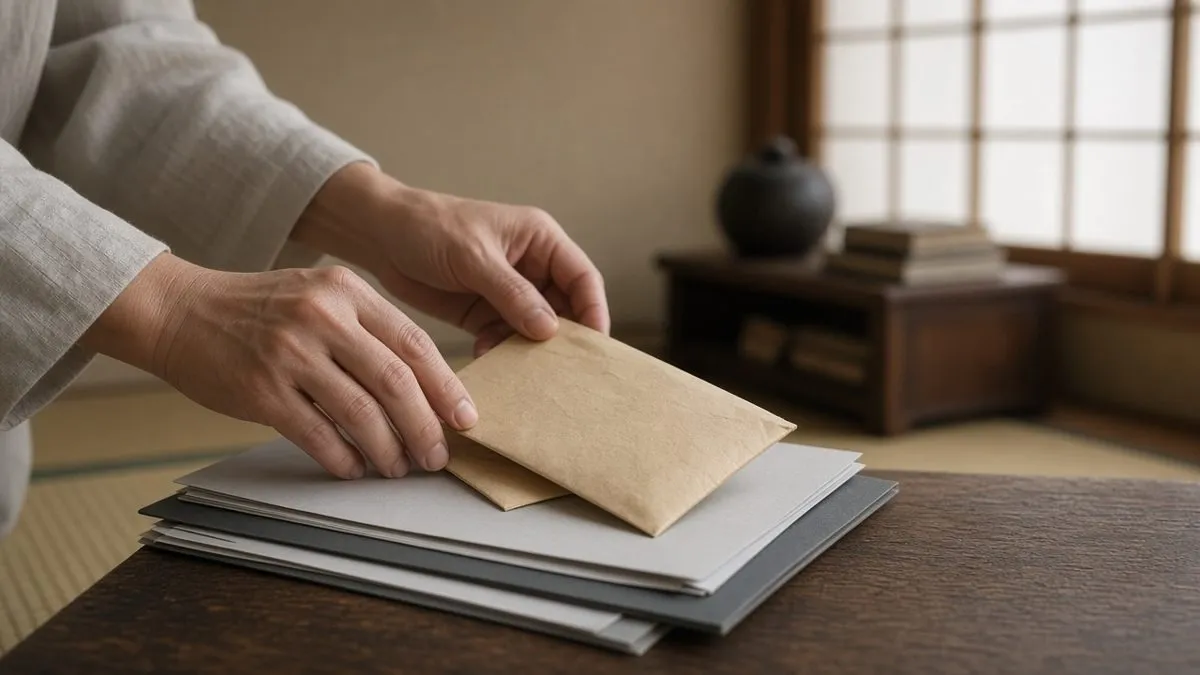 和室の座卓で権利証などの書類を整理する手元