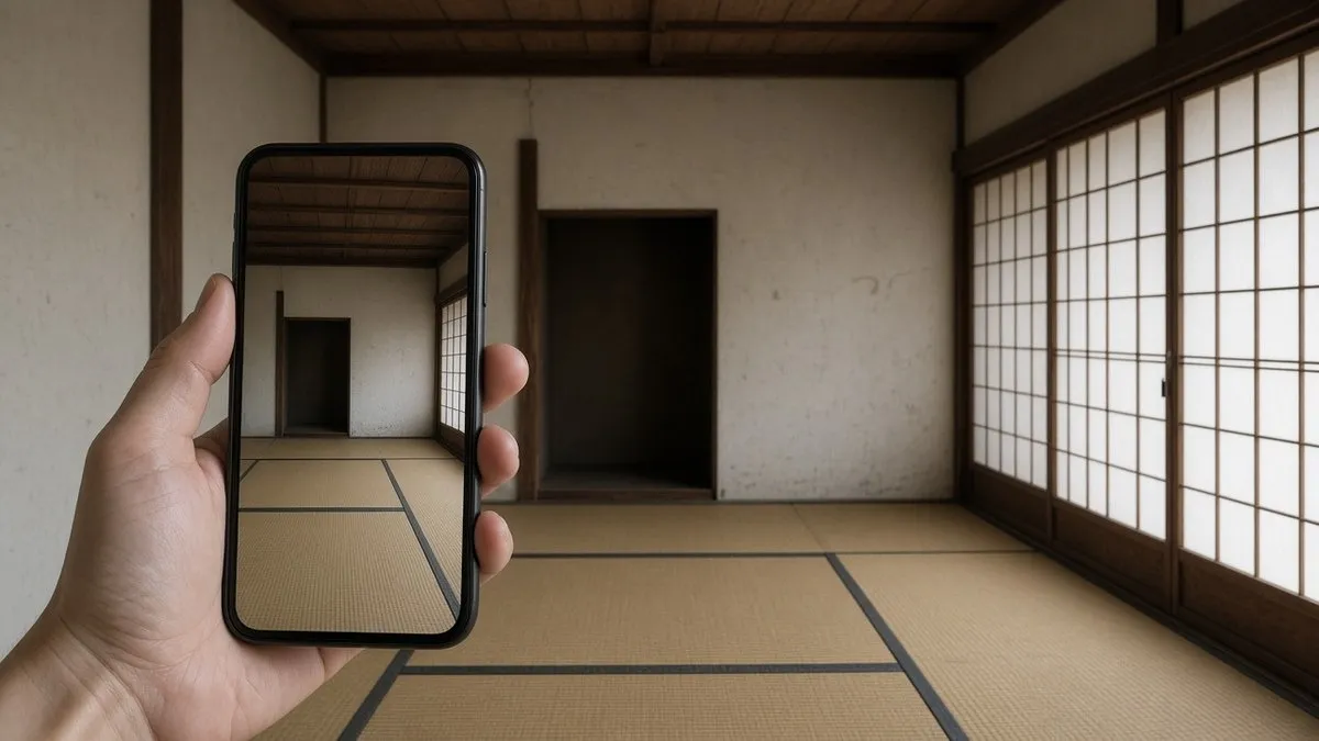 空き家の室内を撮影する手元