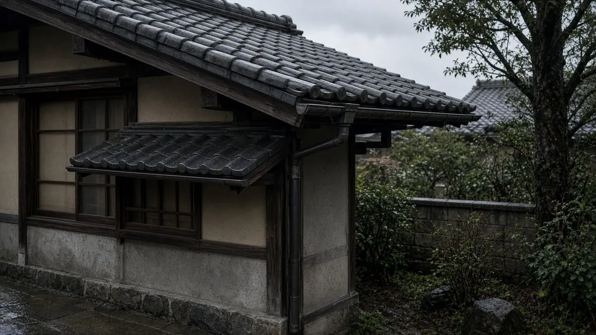 雨上がりの住宅の屋根と雨どい