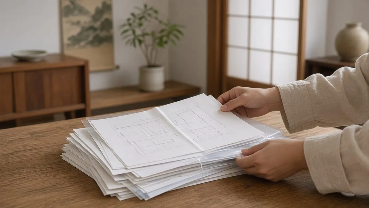 机の上で図面や書類をまとめる手元