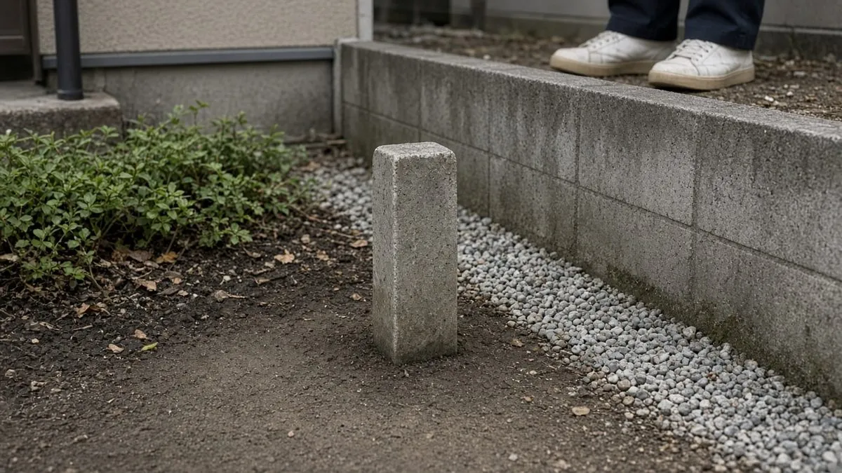 隣地との間に置かれた境界の目印とブロック塀