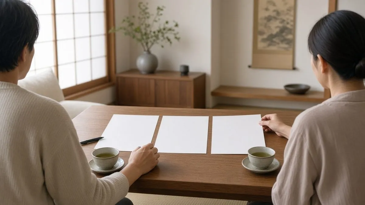 机に並べた資料を前に相談する二人の後ろ姿