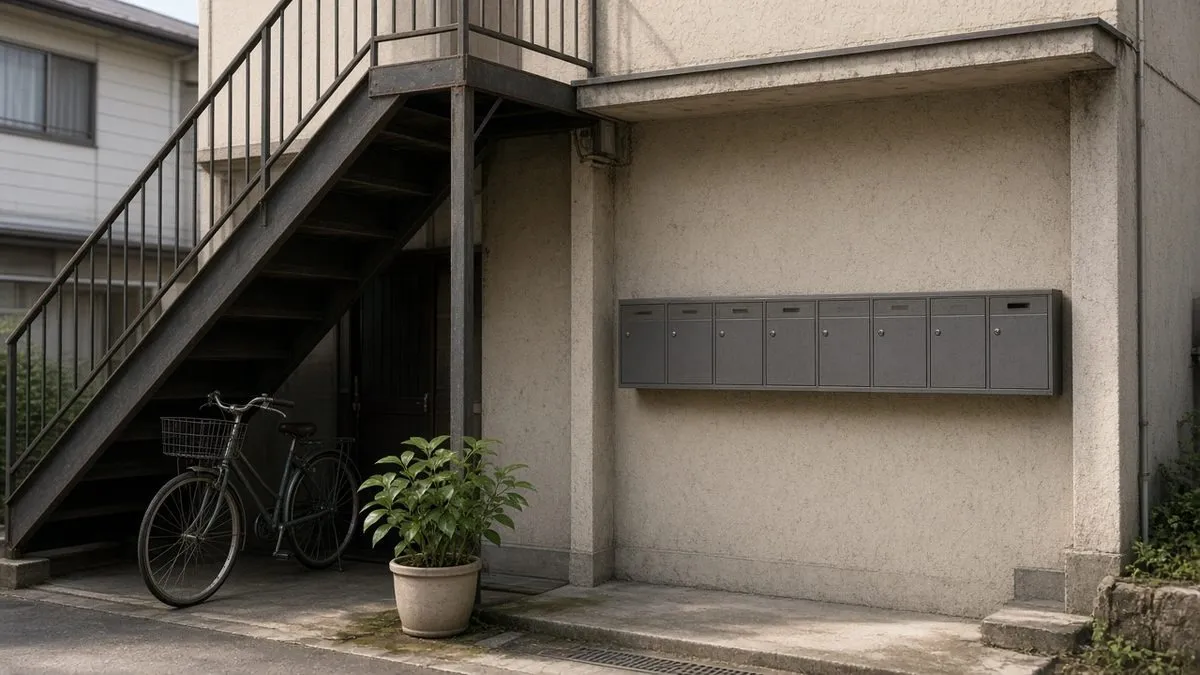 アパートの外階段と郵便受けのある入口付近