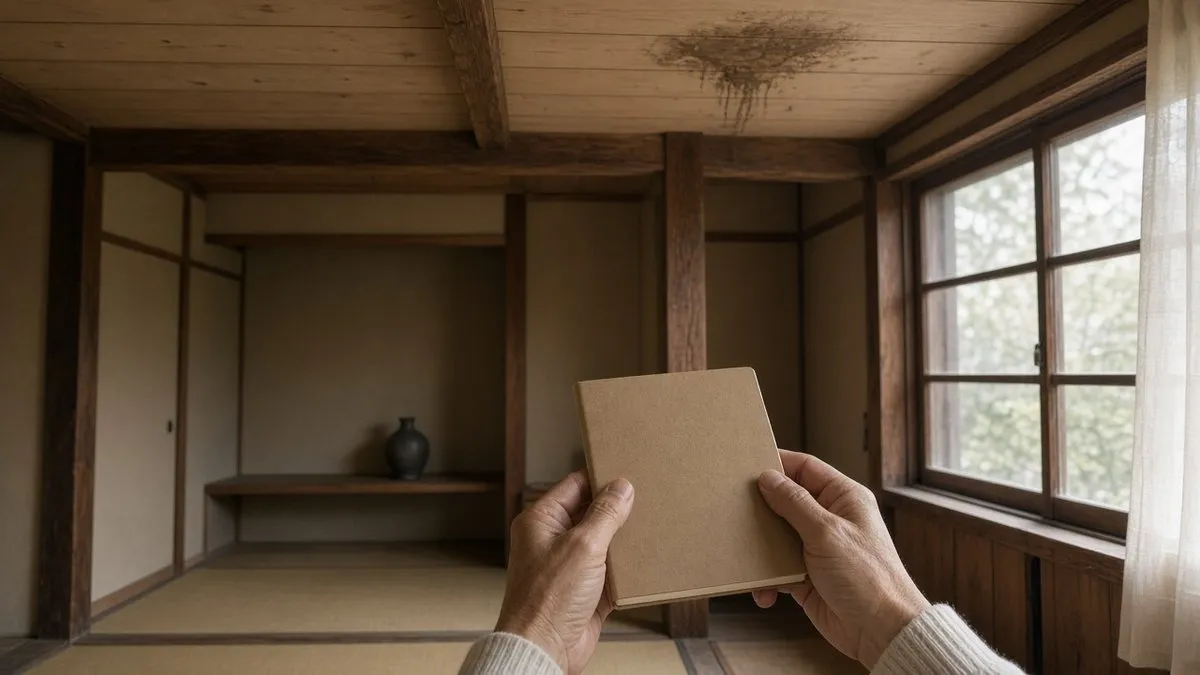 天井に雨じみが残る古い和室で不具合を確かめる様子