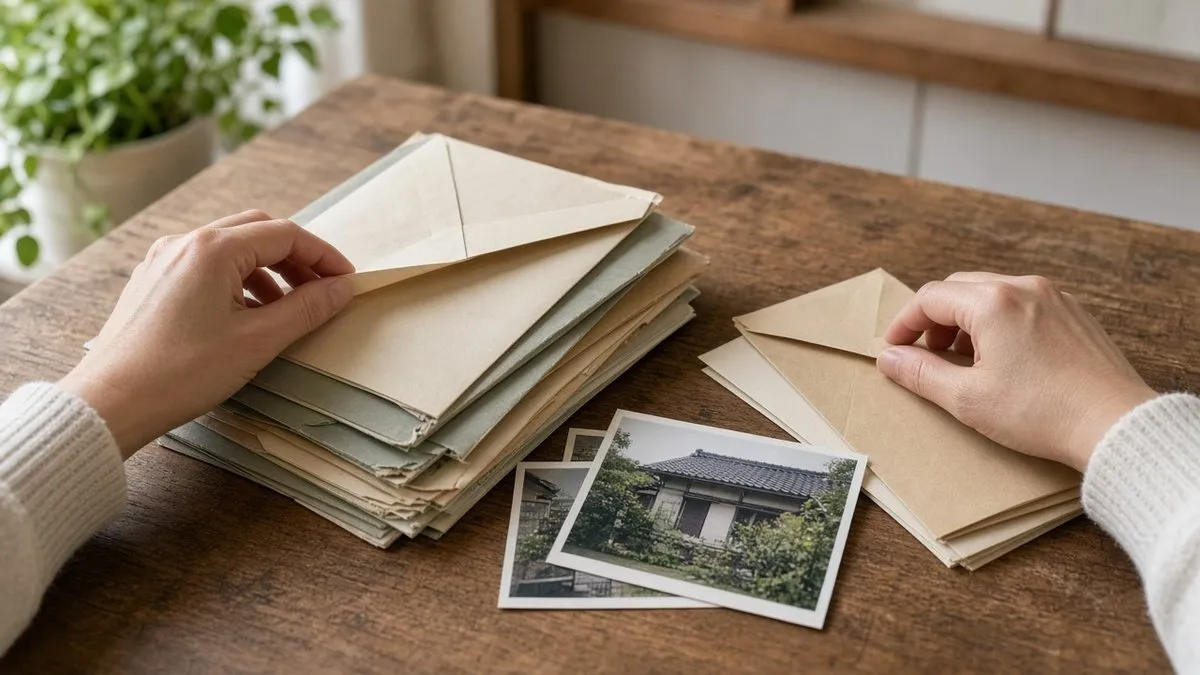 家の写真や封筒に入った書類を机の上で整理する手元