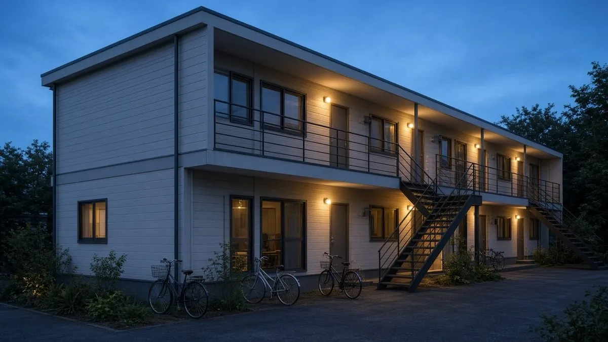 自転車が並ぶ、外廊下のある2階建てアパートの夕方の外観